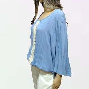 P.S. Kate Women's Blue Lace Butterfly Batwing Sleeve Top Blouse